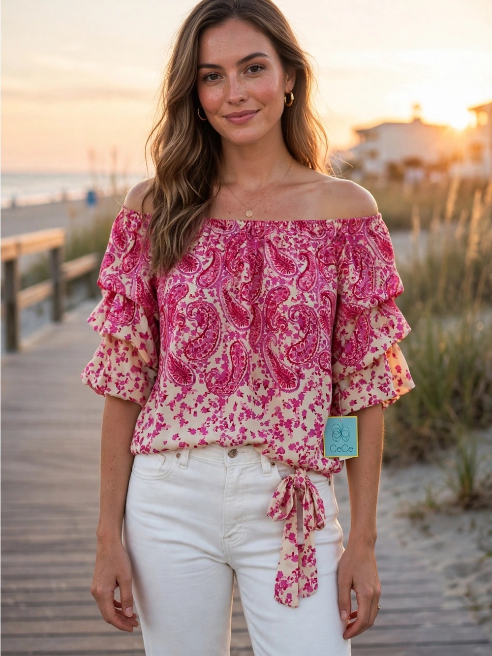 NWT CeCe Pink Paisley Off-Shoulder Ruffle Tie Hem Top Size L